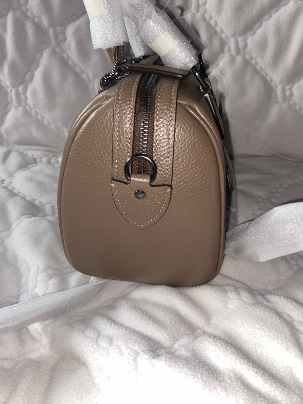 Pebbled Leather Satchel in Taupe with Top Handles - Picture 4 of 7